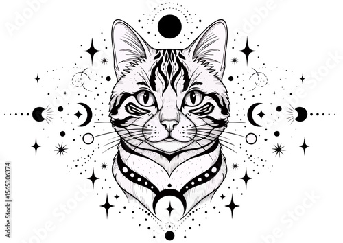 Cat illustration with celestial motifs in black and white