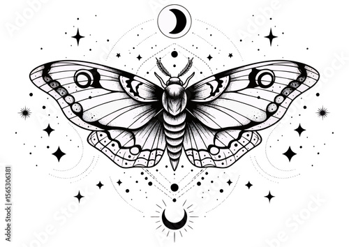 Moth illustration with celestial motifs in black and white 