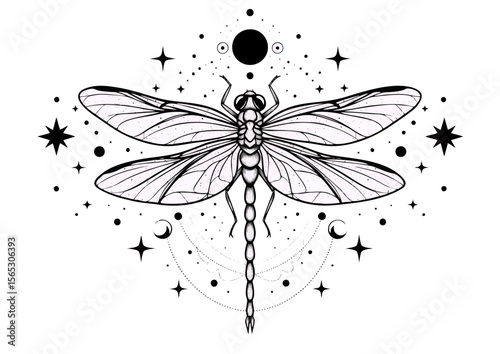 Dragonfly illustration with celestial motifs in black and white