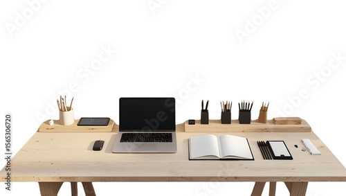 A wooden desk displays various office supplies, including a laptop and notebook.