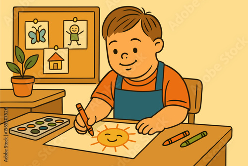 Boy with Down syndrome drawing a smiling sun with crayons in a cheerful classroom setting.