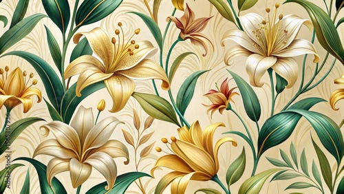 Elegant Floral Design Featuring Luxurious Lilies and Lush Greenery on a Cream Background