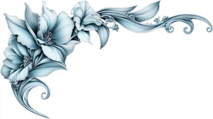 Decorative floral corner design in light blue tones.