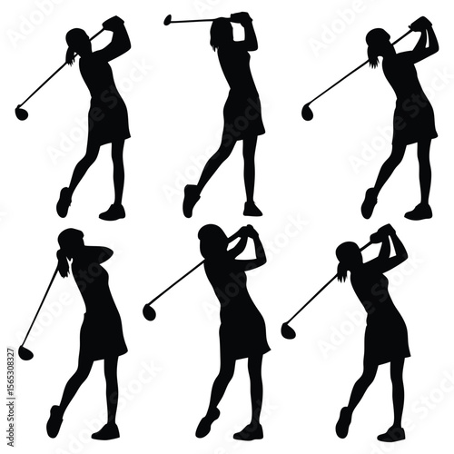 Six black golfing silhouettes show various swings, perfect for sports and recreation designs with an active lifestyle theme.