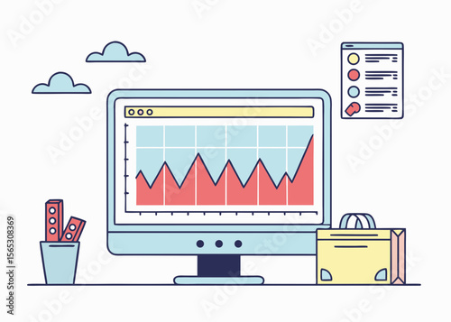 Computer displaying a growing financial graph with business elements and clouds