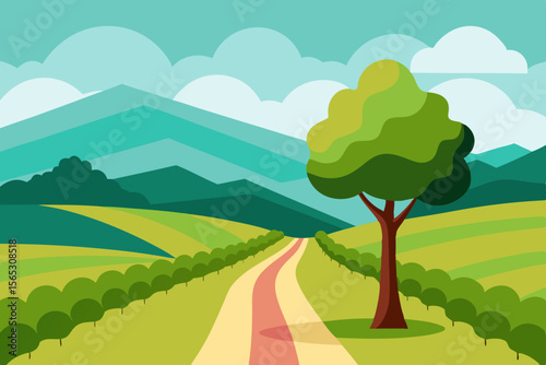 A Serene Rural Landscape With A Path Leading Past A Field Of Golden Wheat And Trees