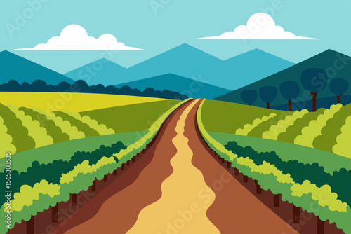 A Beautiful Landscape Of A Vineyard In The Countryside With Rolling Hills And A Sky