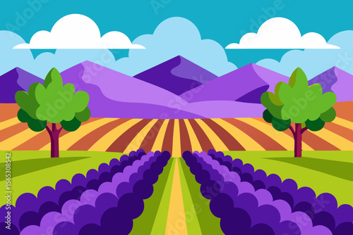A Bountiful Harvest In A Cartoon Vineyard With Rows Of Purple Grapes And Green Leaves