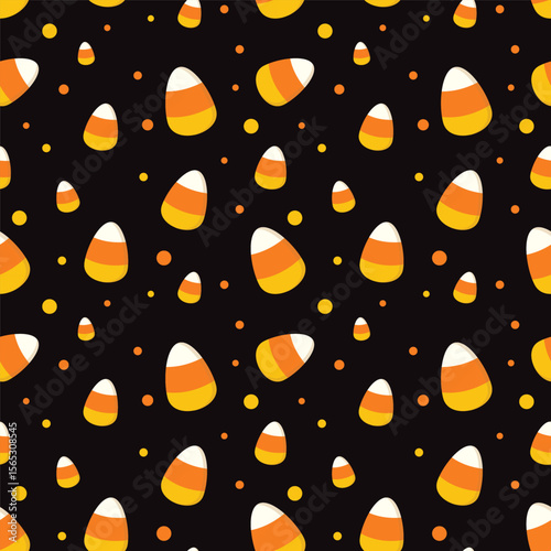 Candy corn repeat pattern isolate on black background.Colorful Halloween seamless pattern.Graphic vector illustration.