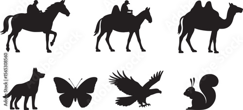 Eight Black Silhouette Adventure Trekkers Hiking Camping and Nature