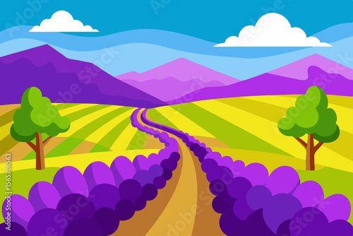 A Vibrant Cartoon Illustration Of A Vineyard With Rows Of Grapes And Green Hills
