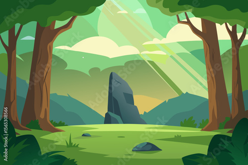 A Peaceful Clearing In A Wild Primeval Forest With The Sun Filtering Through Trees