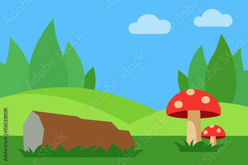 A Detailed Vector Landscape Of A Forest Clearing With A Dirt Path And Tall Trees