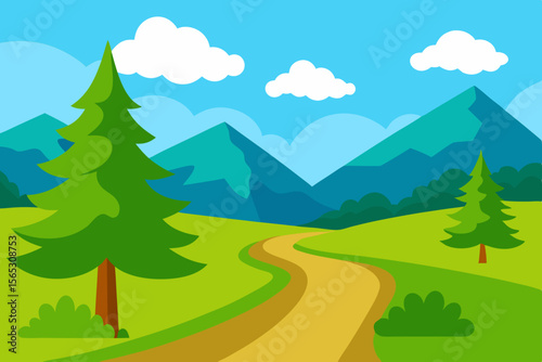 A Vibrant Cartoon Landscape Of A Forest Trail On A Bright And Beautiful Sunny Day