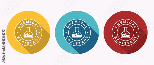 Three circular chemical resistant labels featuring laboratory flask icons