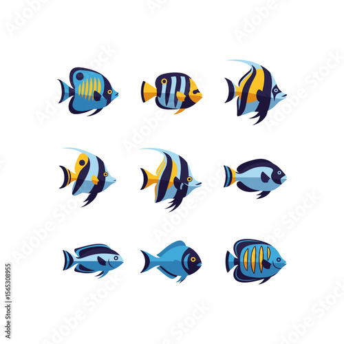 Flat Vector Illustration of Collection of Colorful Cartoon Fish Illustrations
