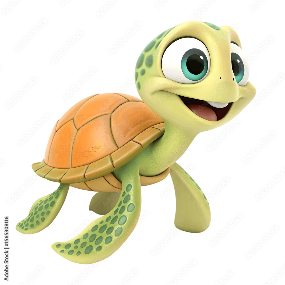 Obraz premium Happy 3D Cartoon Sea Turtle with Green Shell and Flippers Swimming Pose for Ocean Educational and Children's Content png generative ai