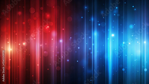 Abstract vertical stripes of red and blue light with glowing particles and bokeh effects