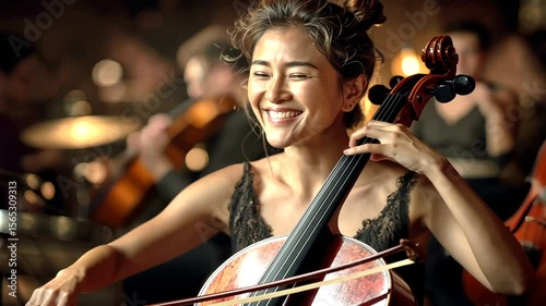 Joyful Cellist Performing in Elegant Orchestra Setting