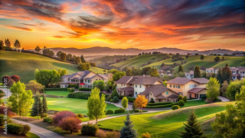 Naklejka premium Serene Hillside Homes Bask in the Golden Hues of a Dramatic Sunset