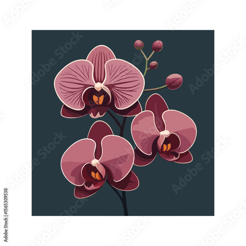 Flat Vector Illustration of Elegant Purple Orchids Botanical Bloom Illustration