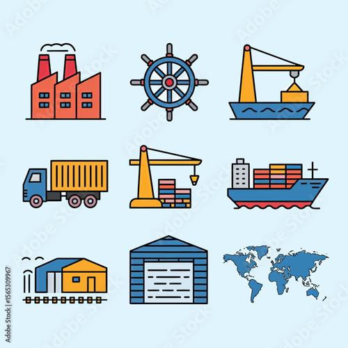 2d vector illustration colorful Land and sea transport techniques, methods and technological tools for transporting and shipping goods and products and logistic 
