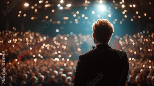 Back View of a Man in a Black Suit Standing on a Stage with a Large Audience and Bright Lights in the Background