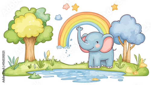 Cheerful Elephant Splashes Water at Pond - Playful Wildlife Scene