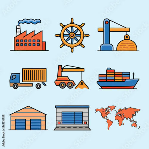 2d vector illustration colorful Land and sea transport techniques, methods and technological tools for transporting and shipping goods and products and logistic 
