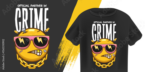 Partner in Crime Smile Character T Shirt Design Vector, Grinning Yellow Face with Sunglasses, Gold Chain, Band-Aids, Urban Style, Modern Youth Apparel, Edgy Graphic Print