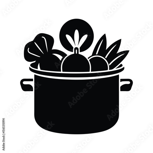 Veggies in cooking pot vector silhouette illustration 
