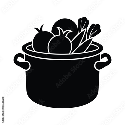 Veggies in cooking pot vector silhouette illustration 