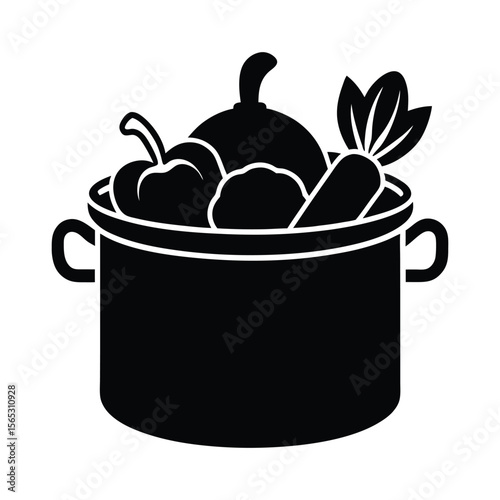 Veggies in cooking pot vector silhouette illustration 