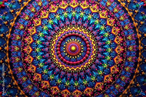 Intricate Arabic geometric mandala, vibrant hues, pattern, sacred