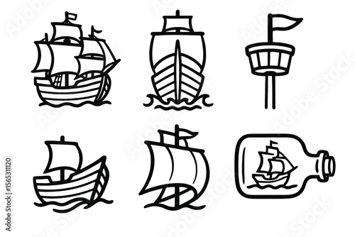 6 black and white ship icons. Cartoon vector for Columbus Day designs.