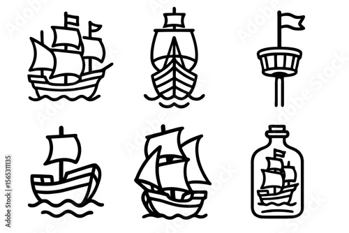 Black and white icons for sailing vessels. Simple vector for exploration themes.