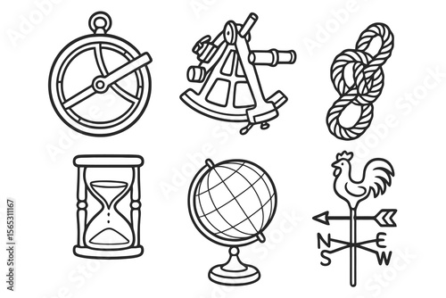 Cartoon icons in black and white for maritime tools. Clean vector design.