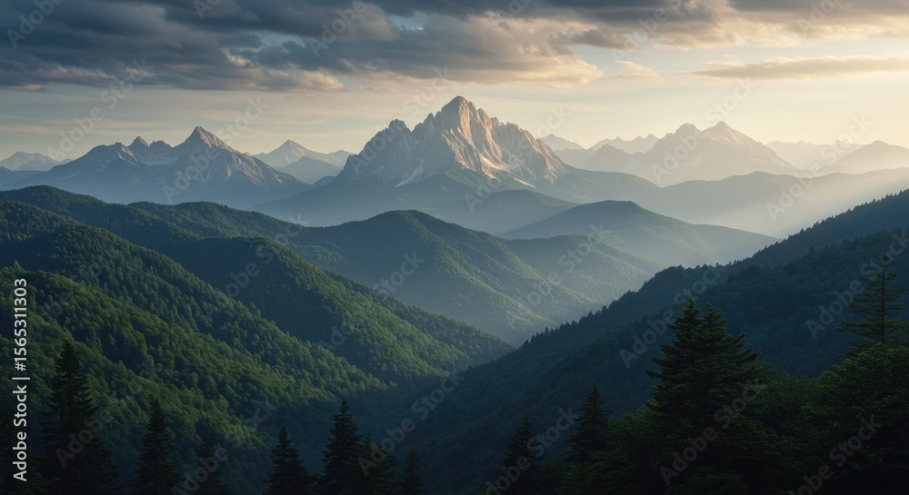 Obraz premium Majestic mountain range landscape with misty atmosphere
