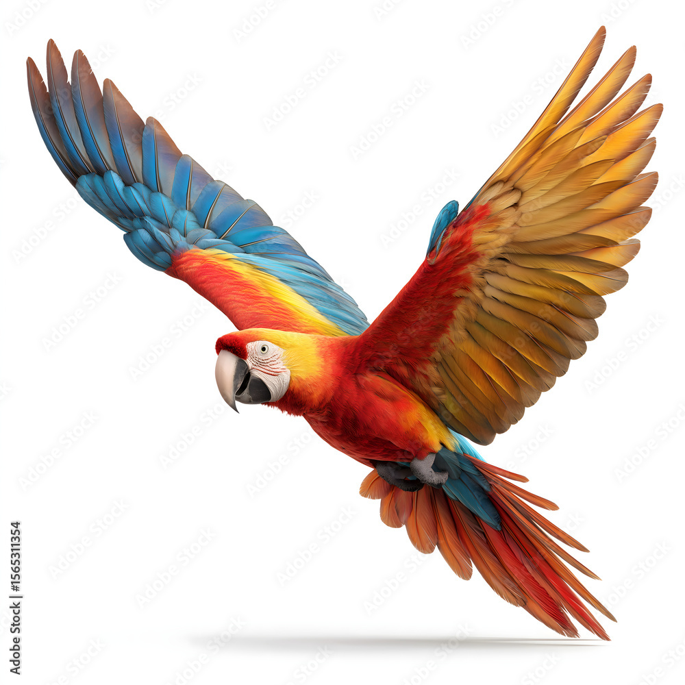 Fototapeta premium Vibrant Macaw Parrot in Flight: Exotic Wildlife Illustration of Colourful Bird and Winged Animal Photography