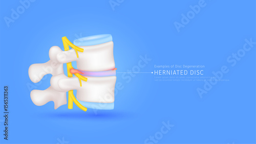 Herniated disc. Nerve compression make back and neck pain. Examples of disc degeneration. Spinal with nerve cord yellow. Vertebral bone organ. Medical diagnosis concept. Vector EPS10.