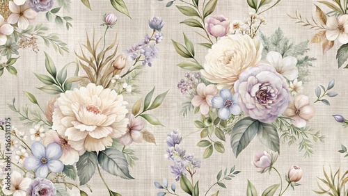 Elegant Watercolor Floral Textile Design with Pastel Hues and Delicate Botanical Elements on a Linen Background