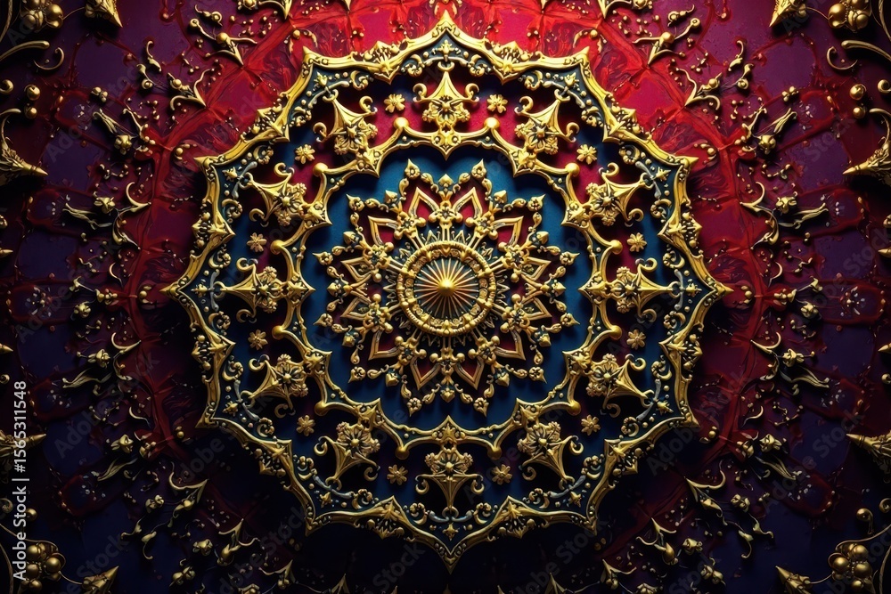 Intricate gold mandala on rich, deep Islamic-inspired background , detail, mandala, graphic