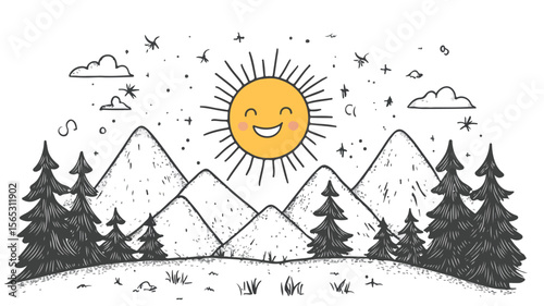 Smiling Sun Over Mountains and Tall Trees Brightens the Landscape