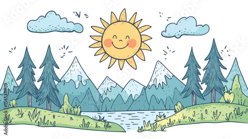 Smiling Sun Over Majestic Mountains and Tall Trees