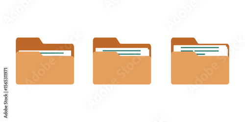 Computer file folder icons set. Office folder icons with documents. Folders for reports and important documents. Vector illustration.