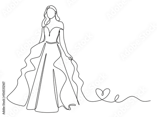 continuous line art of a woman wearing a wedding dress. vector illustration of a wedding dress. wedding concept.
