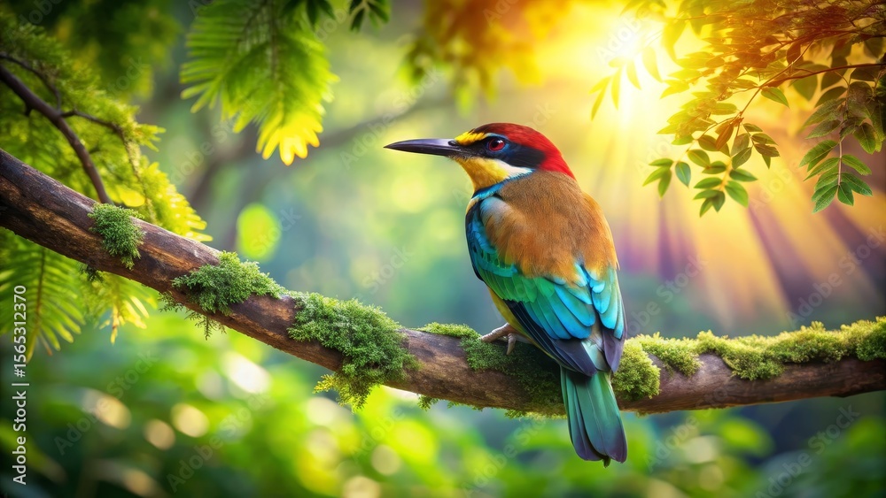 Obraz premium Vibrant Rainbow Bird Perched on Mossy Branch in Sunlit Forest