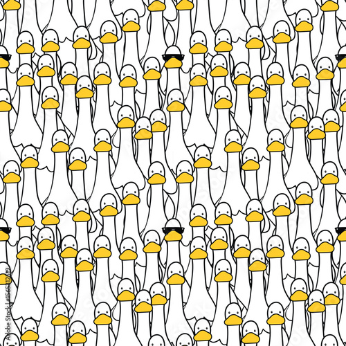 Seamless pattern white goose cartoon illustration with goose waering sunglasses hidden in a crowd repeating textile background