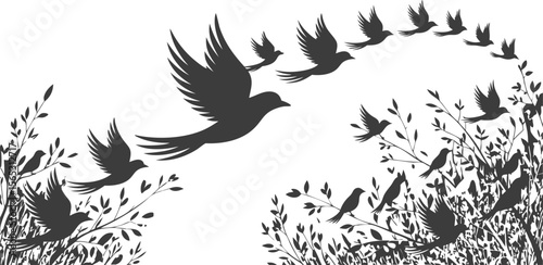 Birds Flying in Formation Above Branches with Leaves Monochrome Wildlife Art