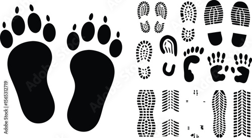 Black Footprint Set Human Feet, Animal Paw Prints, Shoe Impressions, and Barefoot Imprints Silhouettes